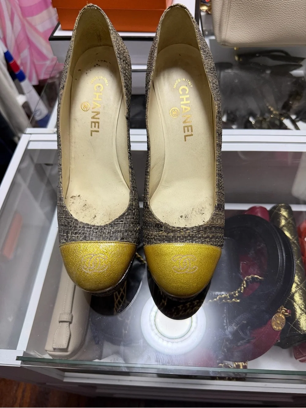 CHANEL Brown Tweed Pumps with Yellow Cap Toe